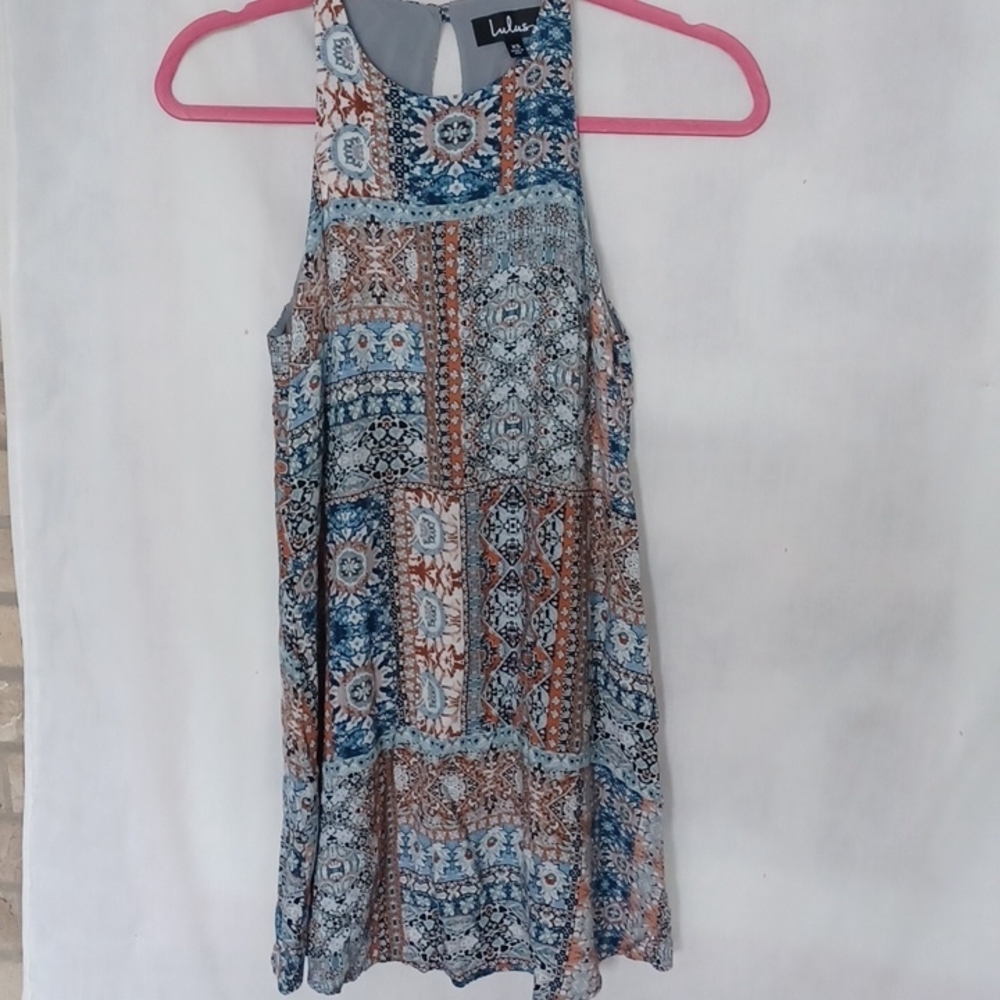 Lulus Dress Shift Swing Boho Sleeveless Lined Blue Rust Orange Brown Design, XS